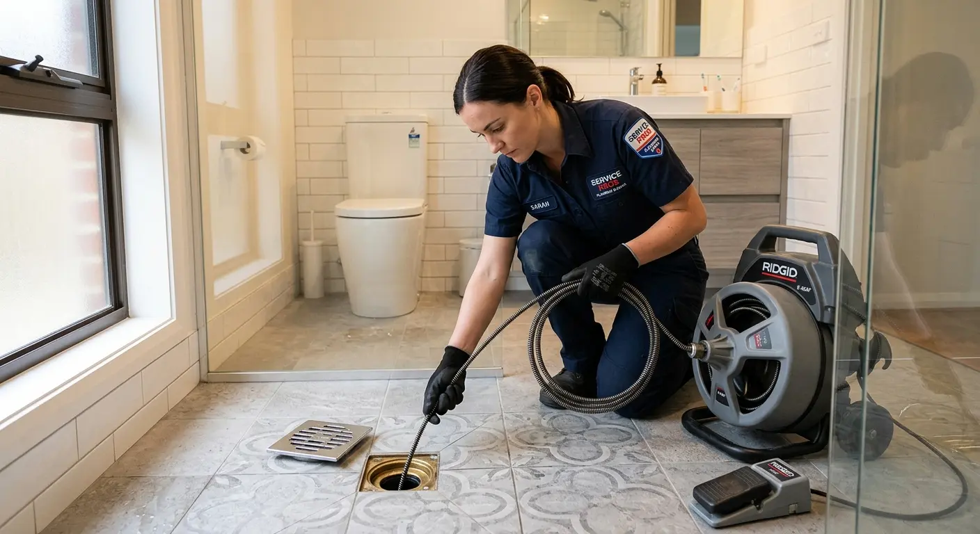 Technician clearing a bathroom floor drain for Drain Cleaning in Port Sheldon